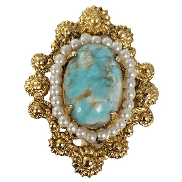 Gold Tone Mottled Blue Oval Glass Faux Pearl Oval Vintage Filigree Brooch L213 - Picture 5 of 9